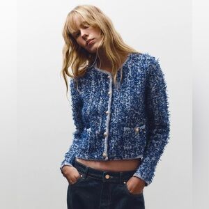 NWT Zara Woman Blue Cable Knit Jacket Size L Large